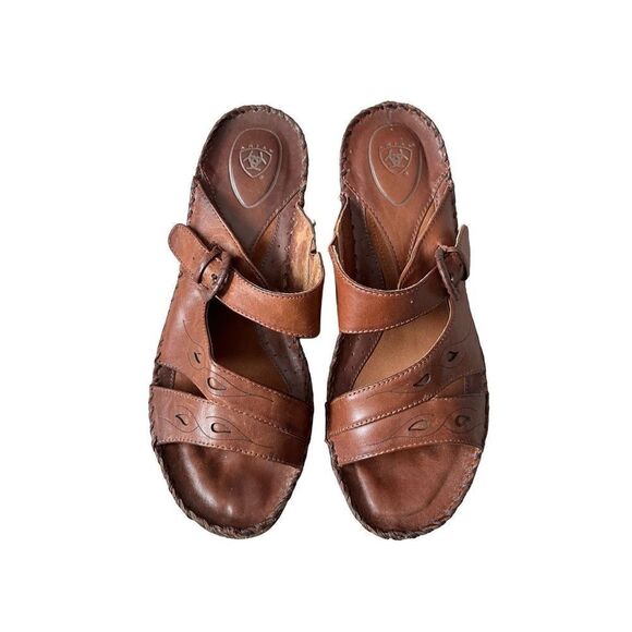 Ariat Leather Block Heel Peep Toe Brown Sandal Size 11B - Picture 2 of 11